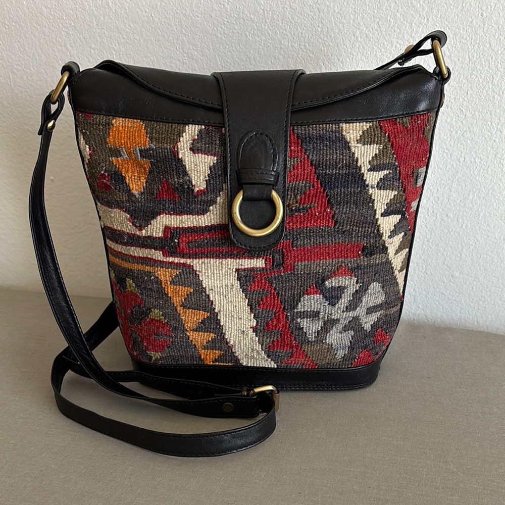 Vintage Kilim woven patterned shoulder bag with leather trim